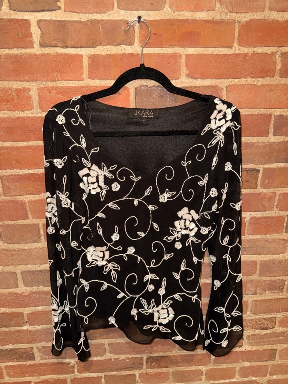 J Kara Black Long-Sleeve V-Neck Top with White Floral‎ Beaded Embroidery